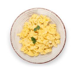 Plate of tasty scrambled eggs isolated on white background