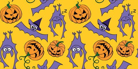 Vector seamless pattern with pumpkins, Jack o lantern, witch shifters and cute bats. Color bright Halloween texture in cartoon, flat, doodle style