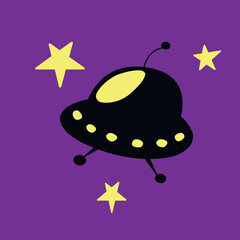 Simple flat icon of flying saucer. Clip art, design element, icon on the theme of cosmos, UFO, aliens. Black glowing silhouette isolated on purple background