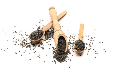 Scoop and spoons with black sesame seeds on white background