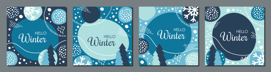 set of square winter christmas cards printable and for social media stories, collection of abstract blue templates with snow and fir trees
