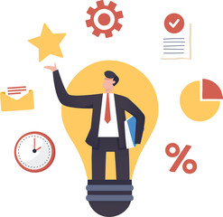 Leadership skills, creativity as business development and innovation. The elements are teamwork in the organization and writing new ideas. company growth list of professional skills. illustration png