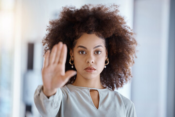 Hands, hr and manager stop sign with hand in office, serious, power and change in corporate. Black woman fighting sexual harassment, discrimination and toxic work environment with employee protection - obrazy, fototapety, plakaty