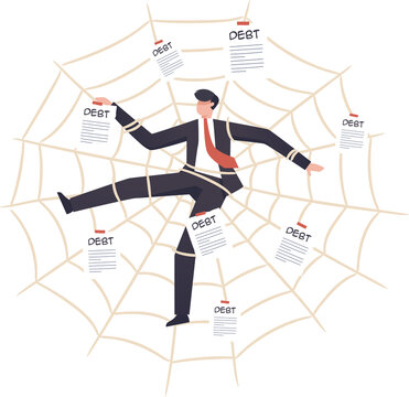 Liabilities, Debt Collection Documents, Debt Settlement, Financial Failure Or Investment Risks, Bankruptcy. Businessman Trapped In A Spider Web Like Owing Debt. Illustration Png