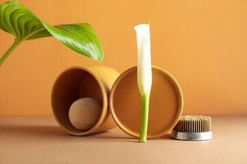 Kenzan for ikebana with flower, box and leaf on color background