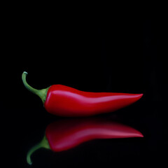 Hot red chili pepper on a black background. Image reflection. Spice. Photo.