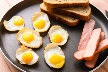 Frying pan with fried quail eggs and sausages, closeup