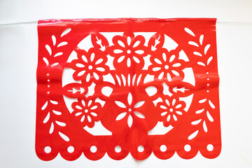 Day of the Dead, Papel Picado with flower Red traditional Mexican paper cutting flag. Isolated on...