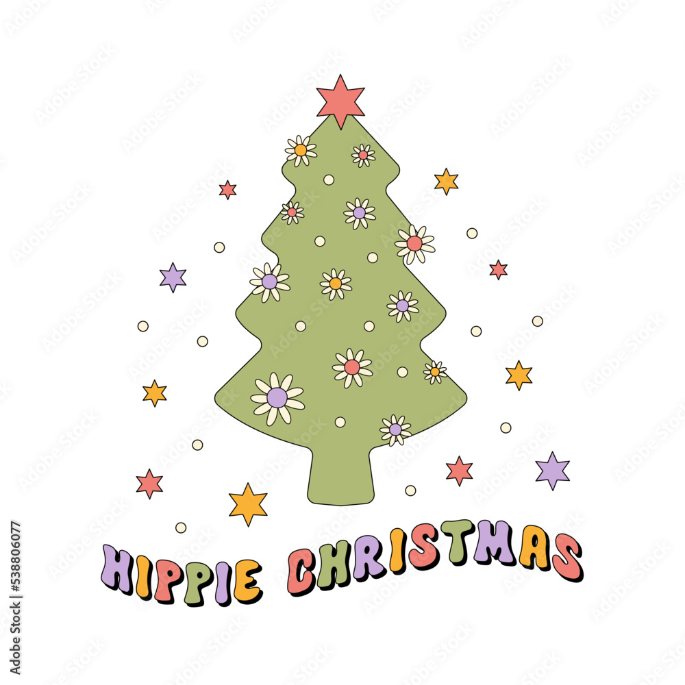 Poster hippie christmas tree vector illustration isolated on a white background. retro groovy print for hol