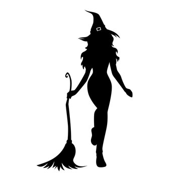 Silhouette of halloween beautiful sexy witch with broom and hat, vector illustration isolated