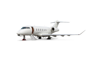 White luxury executive aircraft with an opened gangway door isolated on transparent background