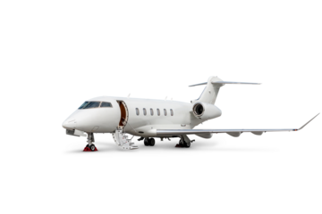 White luxury executive aircraft with an opened gangway door isolated on transparent background