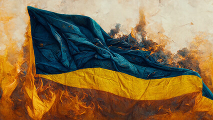 Ukrainian flag burning flame on war 3d illustration