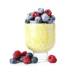 Glass of tasty chia seed pudding with berries on white background