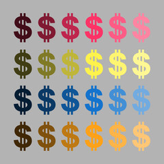 Obraz premium Set of dollar icons in pink, yellow, blue, brown. Vector illustration, banner