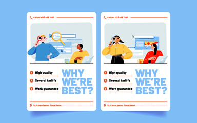 Seo agency advertising banner with question Why we are best. Promotion poster of search engine optimization service with people work with laptop and hold magnifier, vector flat illustration