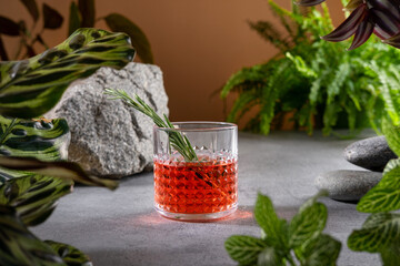 Tropical rum Jungle Bird cocktail. Jungle green background with plants leaves.