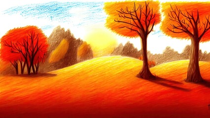 Autumn landscape drawn in pencil. Illustration, inspiration.