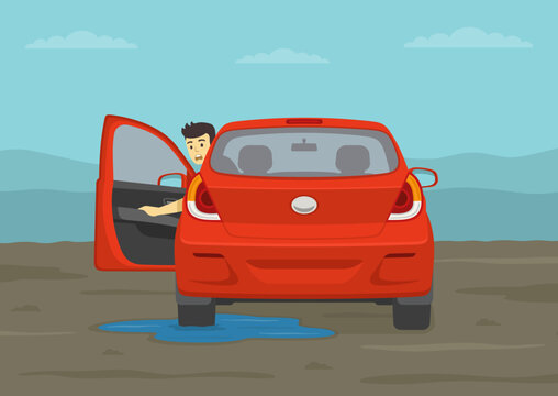Safe driving rules and tips in mud. Red car gets stuck. Back view of a suv. Scared male driver opens car door and looks back. Flat vector illustration template.