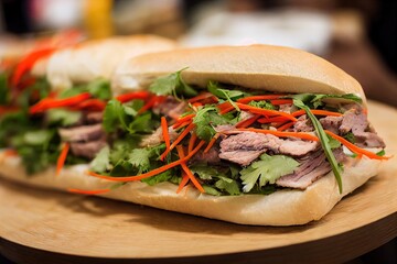 Vietnamese bahn mi sandwich with pork belly.