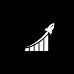 Growth diagram with Rocket going up icon isolated on dark background