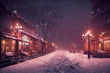Obraz premium Winter snowy small cozy street with lights in houses, falling snow town night landscape. Winter holidays night time backdrop. Merry Christmas vintage retro illustration background.