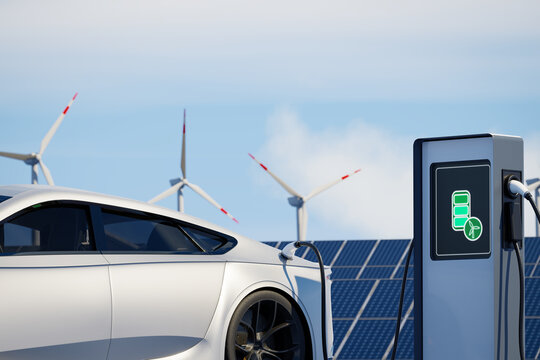Modern sports electric car charging on background of solar panels. EV station with port plugged in environmentally friendly vehicle. Realistic 3d Rendering of renewable energy concept solar wind power