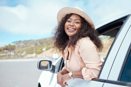 Road trip travel, black woman and car window freedom to relax in summer, vacation and outdoor adventure in South Africa countryside. Portrait happy young african female, driving journey and transport
