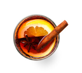 Glass of mulled wine with cinnamon stick on white background