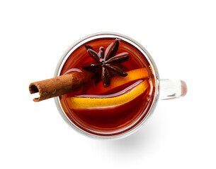 Cup of aromatic mulled wine isolated on white background