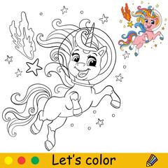 Fototapeta premium Cartoon space unicorn with comet coloring book page vector