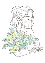 花の枝を抱える女性　シンプル