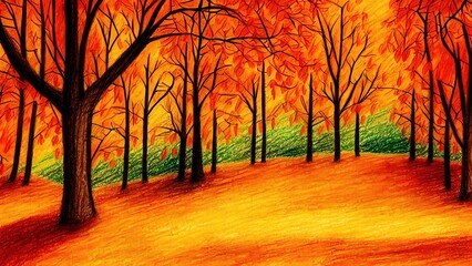 Naklejka na ściany i meble Autumn landscape drawn in pencil. Illustration, inspiration.