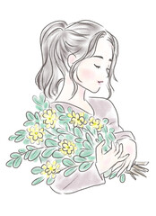 花の枝を抱える女性