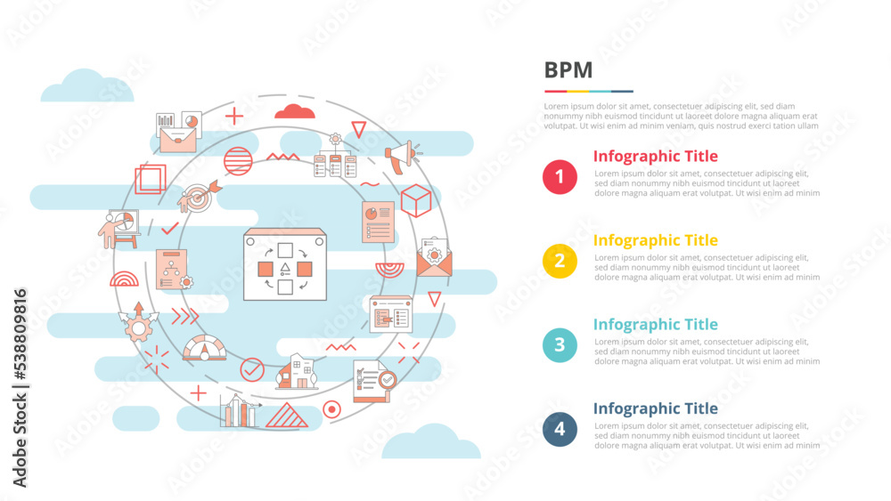 Poster bpm business process management concept for infographic template banner with four point list informa
