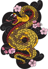 Obraz premium black and white vector Snake with cherry blossom and cloud background.Hibiscus flower with Sakura flower among snake tattoo.doodle and beautiful line art snake Japanese style.