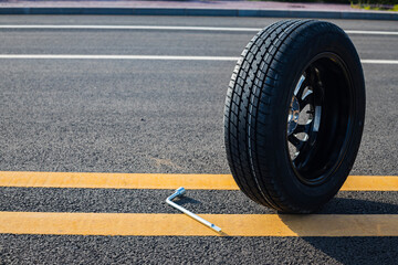 Wheel car, Car tire, Aluminum wheels or steel wheel isolated on street background. Car tires with a...