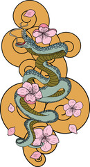 black and white vector Snake with cherry blossom and cloud background.Hibiscus flower with Sakura flower among snake tattoo.doodle and beautiful line art snake Japanese style.