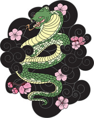 black and white vector Snake with cherry blossom and cloud background.Hibiscus flower with Sakura flower among snake tattoo.doodle and beautiful line art snake Japanese style.