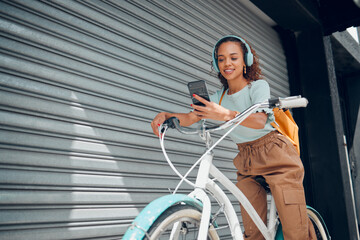 City travel, phone or bike for woman with radio headphones, podcast or music in Brazil road. Smile,...