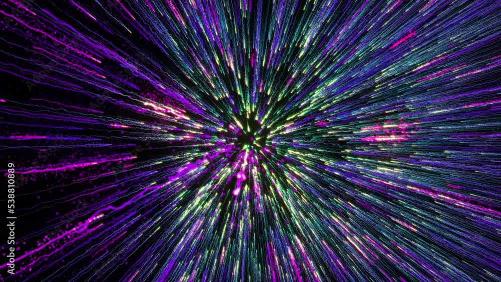 Poster bright multi-colored particles fill the space with jets of energy and light. shiny colorful abstract