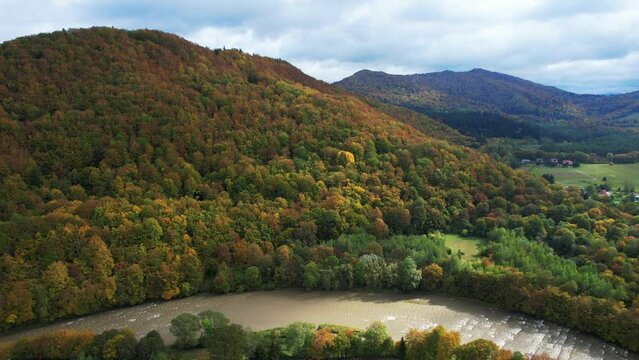 Poland In Autumn, Bieszczady Mountains, Wide Drone Shot