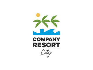 Minimalist palm and house in wavy beach colorful logo template for rental hotel vacation event holiday adventure.