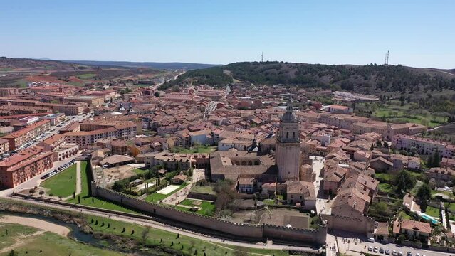 El Burgo de Osma medieval town aerial view in Castille and Leon Spain with blue sky on a sunny day
