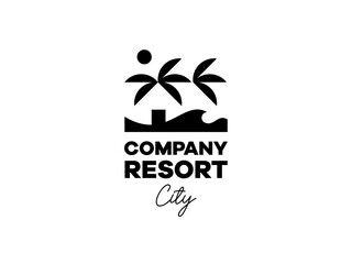 Minimalist palm and house in wavy beach in black and white logo template for rental hotel vacation event holiday adventure.