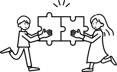ジグソーパズルのピースを合わせ持つ男女のイラスト素材　線画のみ