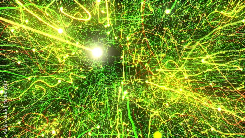 Poster bright multi-colored particles fill the space with jets of energy and light. shiny colorful abstract