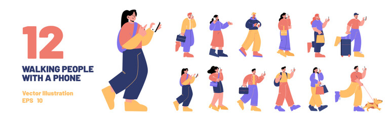 Set of people with phones, male and female characters talking by smartphones, communicate and browsing social networks. Men and women walking and using gadgets on go, Linear flat vector illustration
