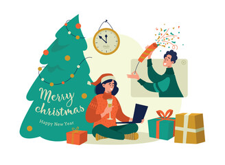 Online Christmas. A girl with a laptop sits on the floor near the Christmas tree. Celebrate holidays from a distance. Concept. Vector image.