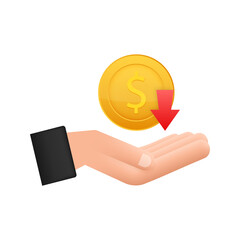 Up and Down Dollar Sign in hands on white background. Vector stock illustration.